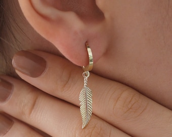 14k Gold Feather Drop Earrings | Elegant Dangling Nature Inspired Huggie Jewelry