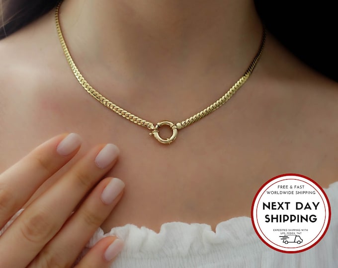 Sailor Lock Herringbone Chain Necklace | 14k Gold Thick Flat Snake Chain Necklace, Cuban Link Necklace, Heavy Fine Jewelry, anniversary gift