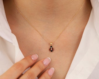 14k Gold Ladybug Pendant | Red Animal Charm Lucky Ladybird Necklace Jewelry