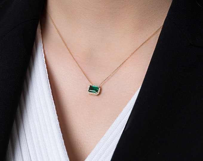 14k Gold Emerald Necklace | Green Baguette Cut CZ Gemstone Pendant Jewelry