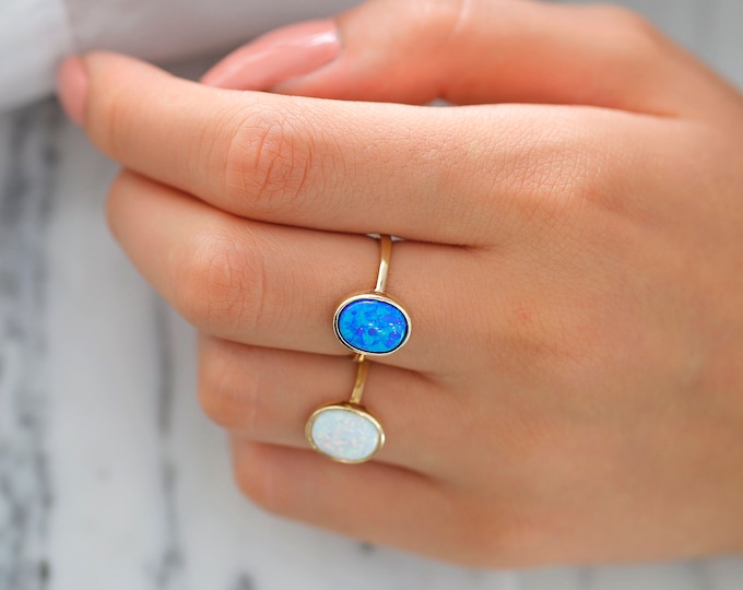 14k Gold White Opal Ring | October Birthstone Jewelry, Promote Calmness, Blue Opal Ring, Creativity Gemstone, October Gift, Anniversary Gift