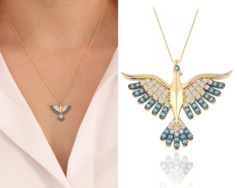 14K Gold Blue Turquoise Firebird Necklace | Small Phoenix Pendant, Minimal Pink Ruby Simurgh Charm, Handmade Dainty Jewelry, Graduation Gift