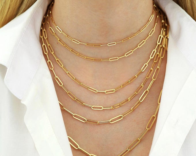 14k gold long paperclip chain necklace | elongated link chain, 3mm/4mm/5mm/6mm paperclip chain necklace, daily use jewelry, gift for her