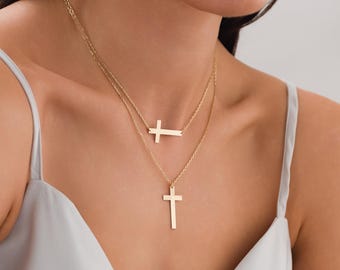 14k Gold Cross Name Necklace | Minimalist Personalized Cross Engraving Everyday Necklace, Christian Gift, Mother's Day Gift, Baptism Gift