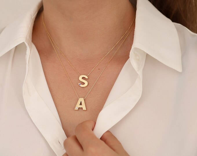 Gold Initial Letter Necklace and Birthstone | 14k or 8k Alphabet Necklace, Custom Gold Pendant, Zodiac Jewelry, Birthday Gift for Girlfriend