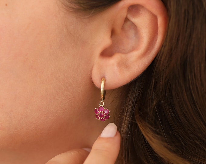 14k Gold Ruby Hexagon Flower Dangle Earrings | Honeycomb Ruby Drop Earrings, Handmade Jewelry, July Birthstone, Gift for Her, Ruby Jewelry