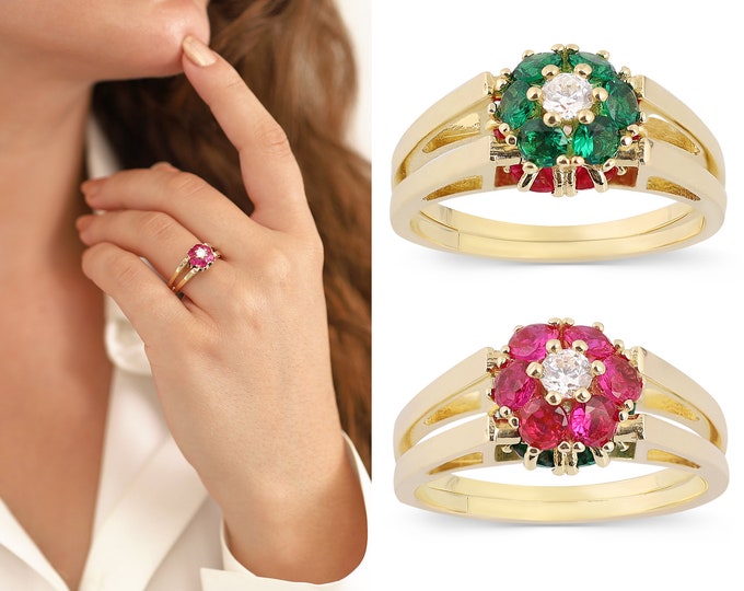14k Gold Pink Ruby & Emerald Reversible Ring | Flower Gemstone Ring, Two in One Ring, Hexagon 2 Stone Ring, Gemstone Jewelry, Gift for Her