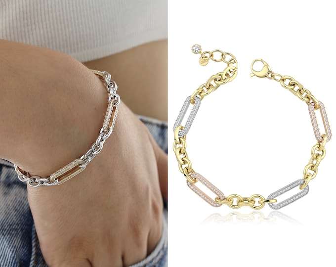 14k Gold Paperclip & Round Link, Customizable Bracelet | Custom Colors, Multi Color Stacking Bracelet, Zircon Gemstone Paved | Gift for Her