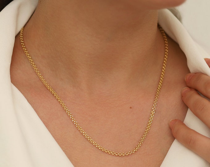 14k Gold Bismarck Chain Necklace | 3mm Gold Flat Link Chain Necklace, Vintage Look Chain, Dainty Jewelry, Gift for Girlfriend, Birthday Gift