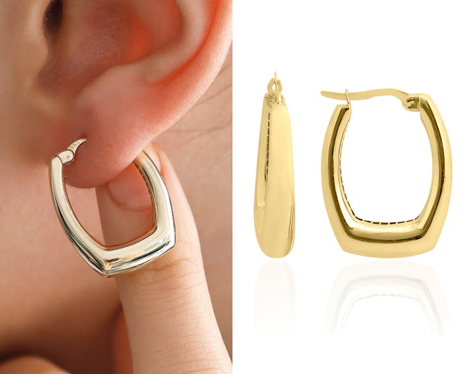 14k Gold Chunky Rectangle Hoop Earrings | Vintage Huggie Boho Earrings, Casual Elegant Jewelry, Christmas Gift, Birthday Gift, Gift for Her