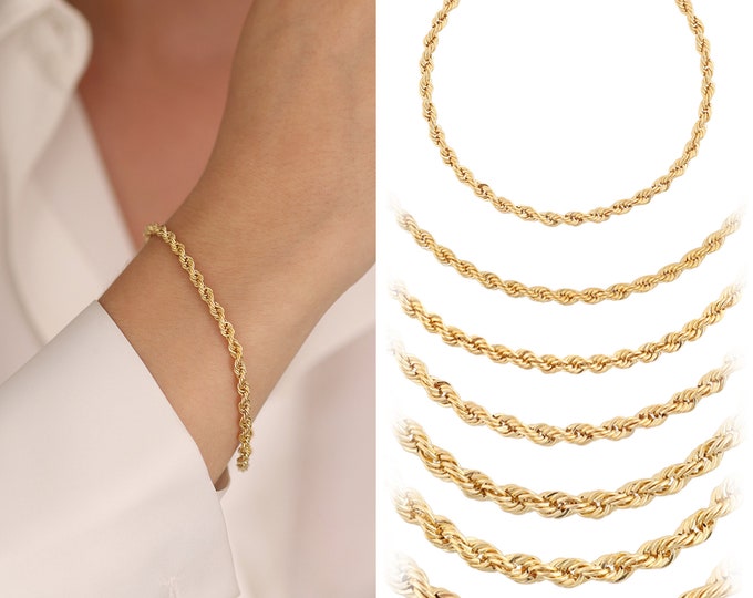 14k Gold 3.5mm Vintage Design Rope Chain Bracelet | Thin Twisted Chain, Unisex Chain Bracelet, Stylish Jewelry, Gift for Him, Gift for Her