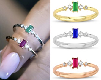 14k Gold Baguette Cut Emerald Ring | Handmade Jewelry, Dainty Bridesmaid Ring, May Birthstone, Engagement & Statement Ring, Birthday Gift