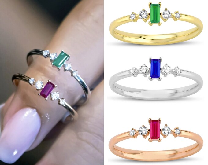 14k Gold Baguette Cut Emerald Ring | Handmade Jewelry, Dainty Bridesmaid Ring, May Birthstone, Engagement & Statement Ring, Birthday Gift