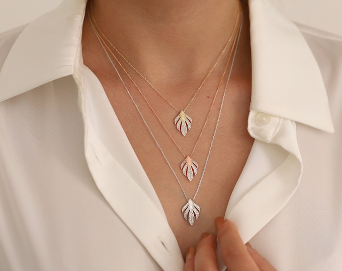 14k Gold Monstera Leaf Necklace | Tropical Nature Pendant Minimal Floral Jewelry