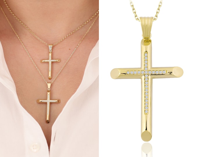 Cross 14k Gold Necklace |  3D Thick Crucifix Pendant, Classy Christian Jewelry, Religious Gift, Gift for Seniors, Gift for Mom, Gift for Her