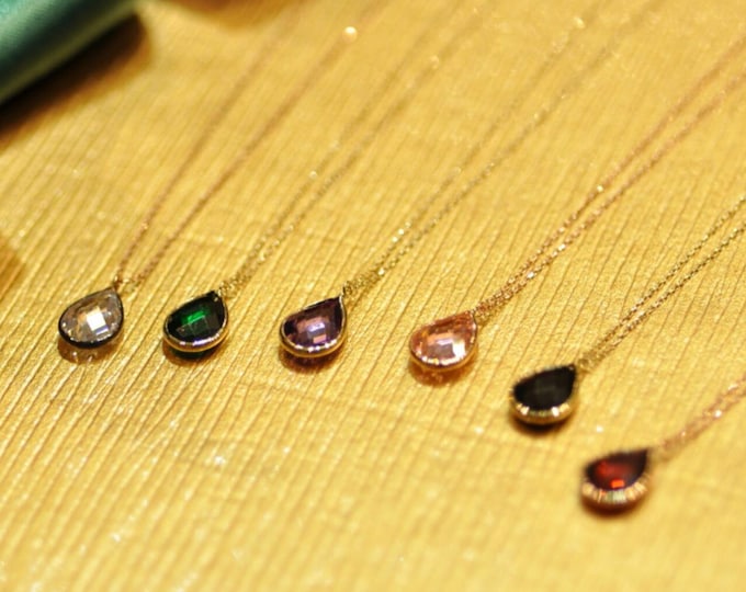 Teardrop Facated Pendant | Variety of Colors Quartz 14k Gold Necklace | Daily Use Glamorous Dainty Pendant w/ Gold Chain | Gift for Her