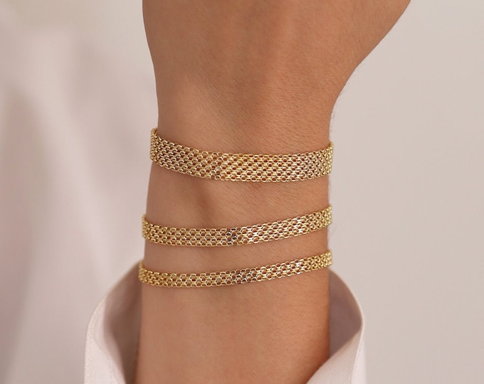 14k Gold Bismarck Chain Bracelet | 4mm Mesh Chain Bracelet, Retro Italian Mesh Chain Bracelet, Vintage Look Chain Jewelry, Anniversary Gift