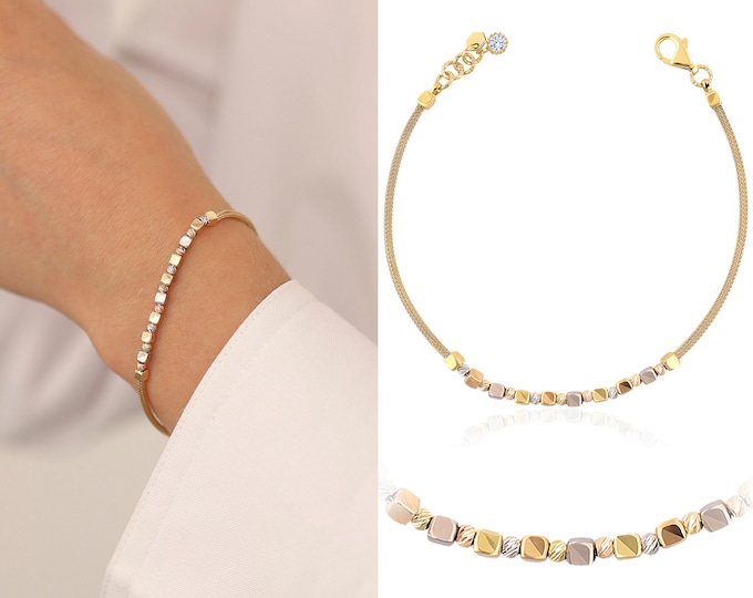 Cubic Design Italian Mesh Chain Bracelet | Round Straw Braided 14k Gold Chain Bracelet w/ Yellow, Rose, White Gold Ball Beads, Gift for Her