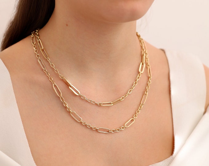 14K Gold Chain Necklace | Paperclip Chain Jewelry, Heavy Elegant Necklace, Boho&Hippie Style Jewelry, Oval Link, Graduation Gift