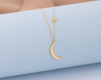 14K Gold Crescent And Star Necklace | Moon & Star Jewelry, Half Moon With Star, Unique Design, Minimalist Necklace, Birthday Present