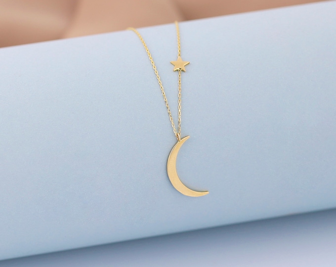 14K Gold Crescent And Star Necklace | Moon & Star Jewelry, Half Moon With Star, Unique Design, Minimalist Necklace, Birthday Present