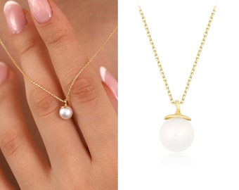 PEARL Minimal Necklace, 14k Gold, Real Pearl Jewel, Elegant and Round Design, Customized Chain and Lock, Birthday Gift Necklace