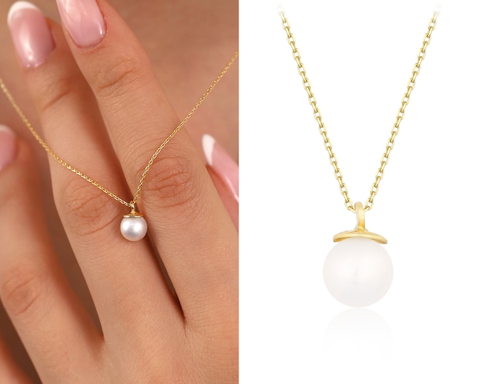 PEARL Minimal Necklace, 14k Gold, Real Pearl Jewel, Elegant and Round Design, Customized Chain and Lock, Birthday Gift Necklace