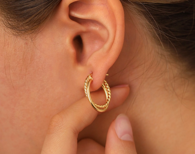 14k Gold Double Row Hoop Earrings | Twisted & Plain Rope Circle Earrings, Dangle Jewelry
