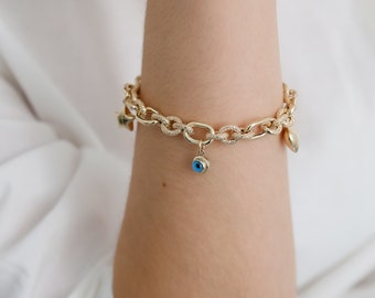 14k Gold Evil Eye Chain Bracelet | Heart Star Charm Good Luck Protection Jewelry
