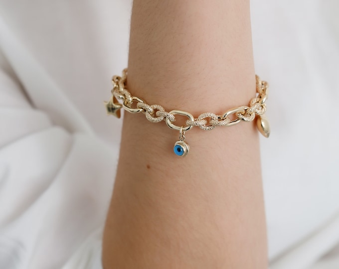 14K Gold Chain Evil Eye Bracelet | Heart Charm Chain Jewelry, Good Luck Bracelet, Star Charm Bracelet, Thick Chain Bracelet, Graduation Gift