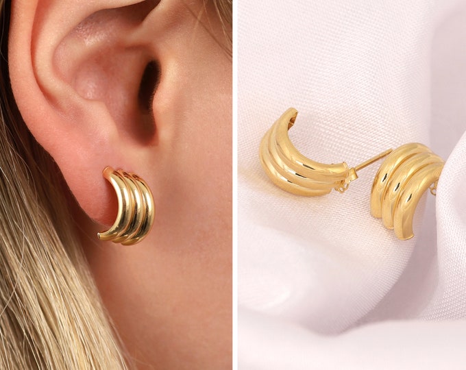 14K Gold 3 Bar Design Earrings | Shell Shaped Stud Earrings, Versatile Earrings,  Elegant Modern Jewelry, Gift for Daughter, Graduation Gift