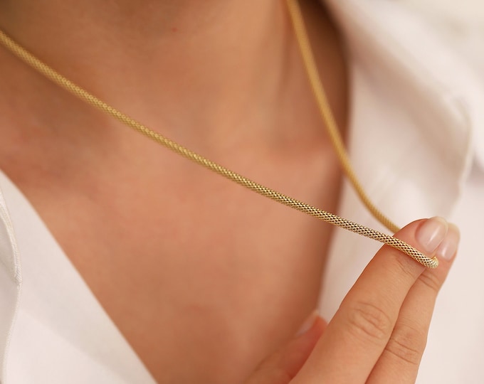 Gold Popcorn Coreana Chain Necklace | 14k Gold Vintage Look Popcorn Chain, Round Mesh Tube Chain, Dainty Layering Chain, Anniversary Gift