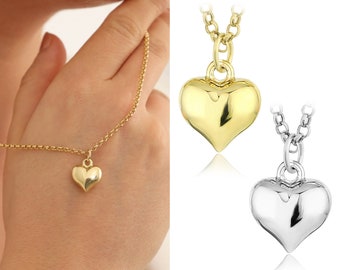 14k Gold Rolo Chain w/Chubby Heart Pendant | Vintage Pendant Layering Necklace, 3D Puffy Charm, Christmas Gift, Valentines Day, Gift for Her