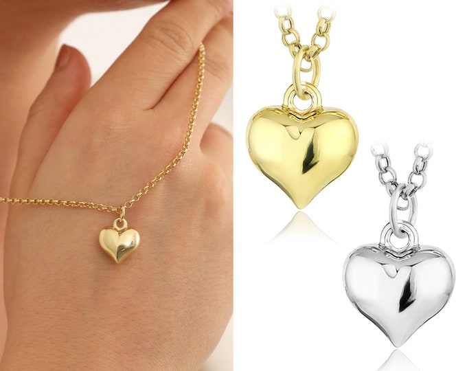 14k Gold Rolo Chain w/Chubby Heart Pendant | Vintage Pendant Layering Necklace, 3D Puffy Charm, Christmas Gift, Valentines Day, Gift for Her