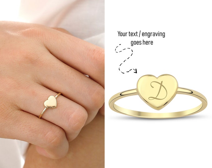 Engravable Heart Ring 14k Gold | Custom Initial Minimalist Ring, Personalized Jewelry, Christmas Gift, Valentines Day Gift, Gift for Her