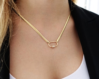 14k Gold Diamond Carabiner Lock | Enhancer Pendant Clasp, Herringbone Snake Chain