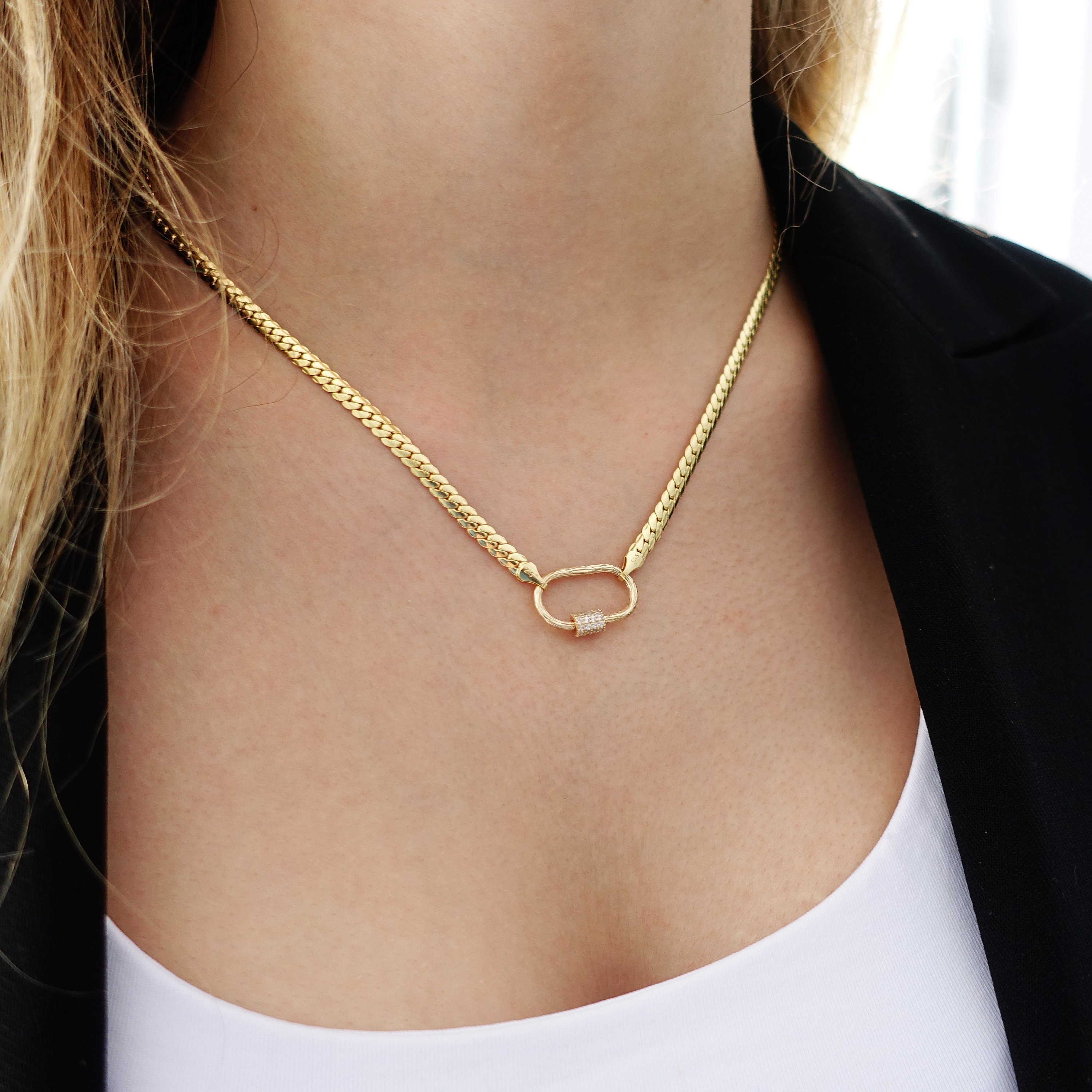 14K Gold Carabiner Necklace, Gold Carabiner Lock, 14k Gold Carabiner Lock  14k Oval Carabiner Jewelry, Gold Elongated Link, Carabiner Gold 