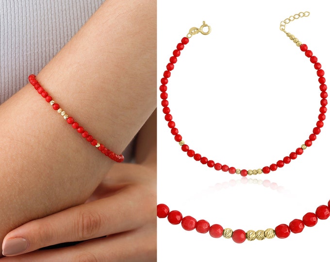 14k Gold Red Coral Bracelet | Coral Stone Bracelet, Red Natural Stone Bracelet, Dainty Stacking Bracelet, Energy Crystal, Birthday Gift