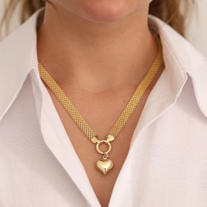14k Gold Bismarck Chain Necklace w/ Sailor Lock | 8mm Italian Mesh Chain, Sailor Clasp with Heart, Key, Sea Shell, Star Charms, Gift for Her