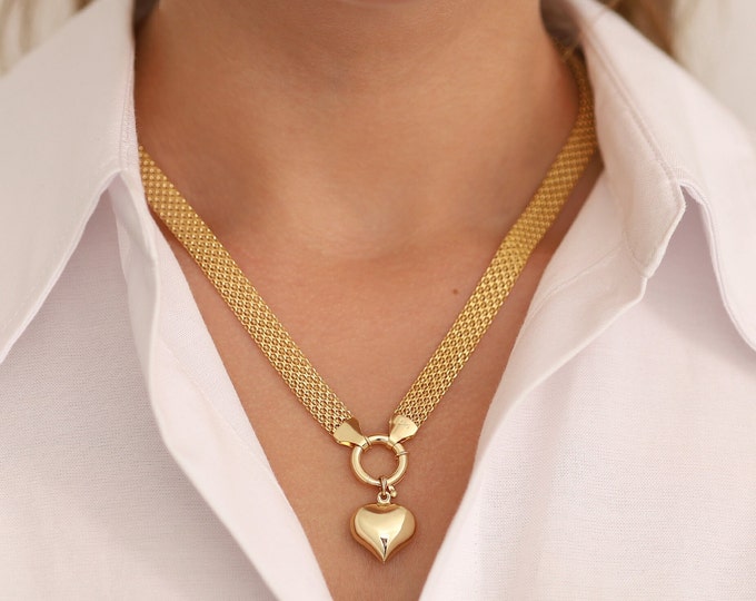 14k Gold Bismarck Chain Necklace w/ Sailor Lock | 8mm Italian Mesh Chain, Sailor Clasp with Heart, Key, Sea Shell, Star Charms, Gift for Her