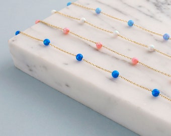 14k Gold White Opal Necklace | Satellite Opal Necklace, Opal Station Necklace, October and Libra Birthstone, Wedding Jewelry, Gift for Bride