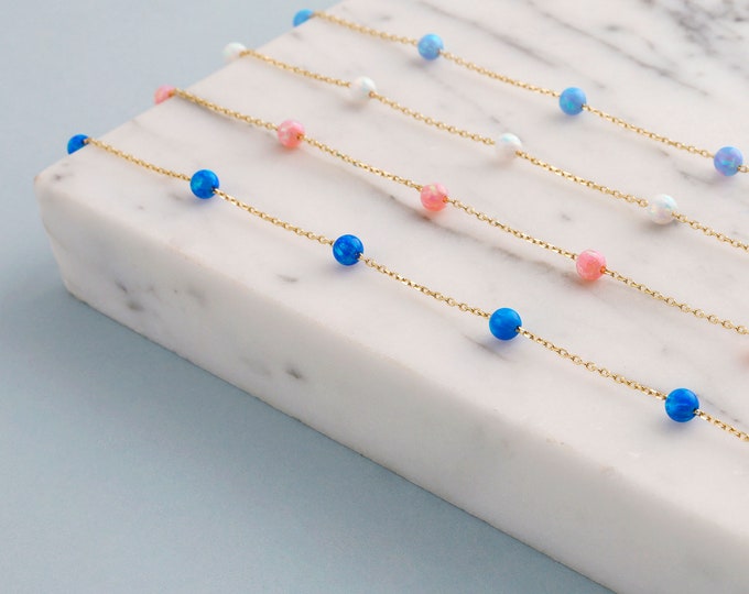 14k Gold White Opal Necklace | Satellite Opal Necklace, Opal Station Necklace, October and Libra Birthstone, Wedding Jewelry, Gift for Bride