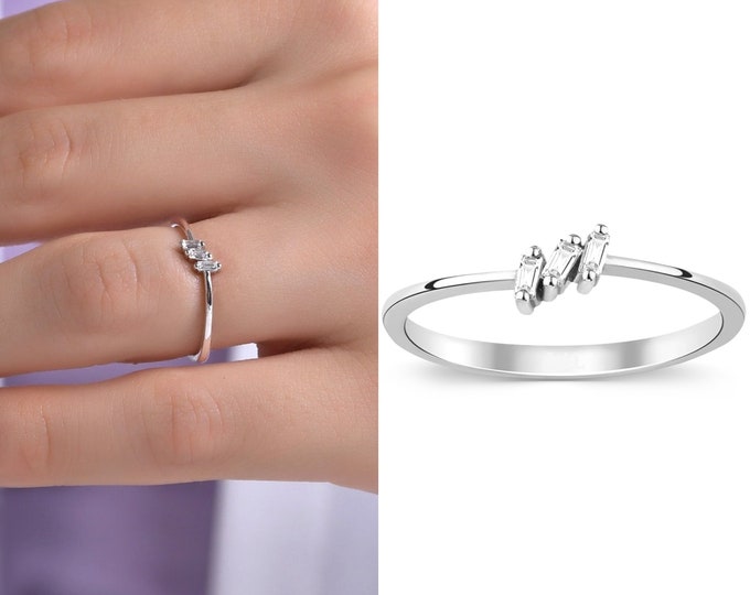Diamond Baguette Ring | Statement Ring with Three Diamonds, Baguette Cut Diamond Wedding Ring, Minimal Design Ring, Valentine's Day Gift
