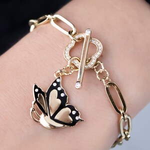 Black Enamel Butterfly Charm Gold Bracelet | D-Ring Closure w/ Gemstone Bezel, Thin Long Link Butterfly Pendant Bracelet