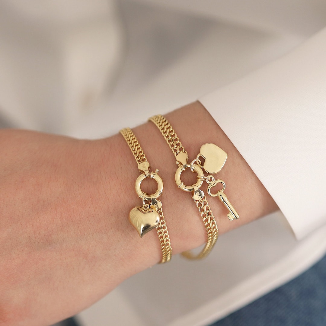 14k Gold Vienna Chain Charm Bracelet Sailor Clasp With Heart