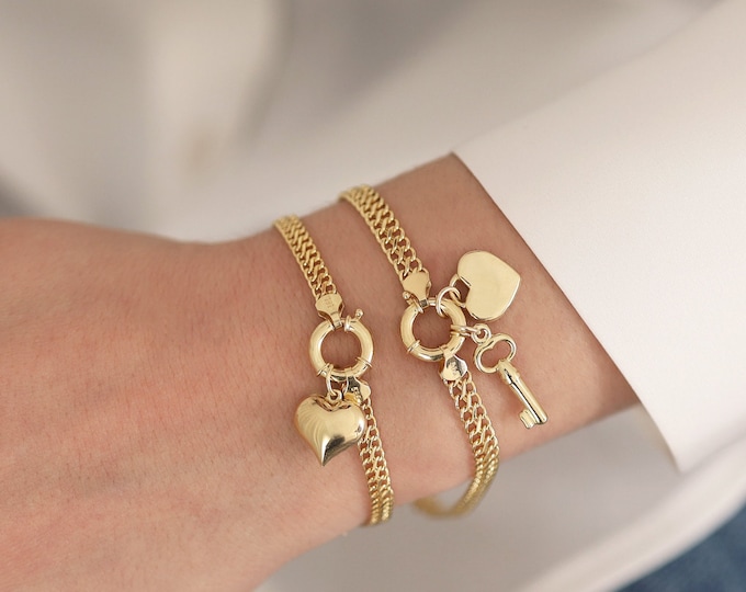 14k Gold Vienna Chain Charm Bracelet | Sailor Clasp with Heart, Key, Padlock, Elephant Charms, Best Gift as Charm Bracelet, Birthday Gift