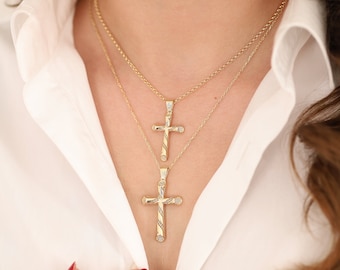 14k Gold Engraved Cross Pendant | 3D Christian Necklace, Pray Rosary Pendant, Religious Jewelry, Gift for Elders, Gift for Him, Gift for Mom
