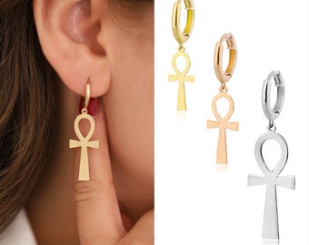 14k Gold Ankh Drop Earrings | Ancient Ankh Charm Earrings, Life & Soul Symbol Pharaoh Earrings, Minimalist Cross Earrings | Gift for Her