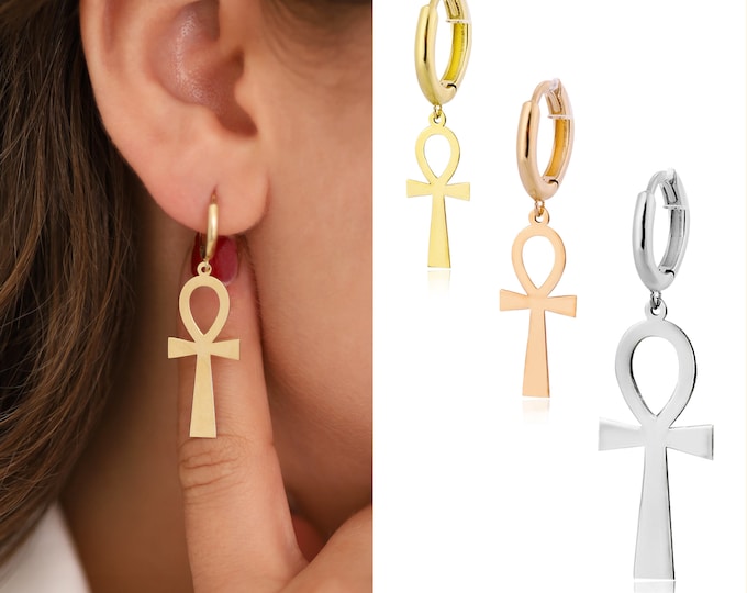 14k Gold Ankh Drop Earrings | Ancient Ankh Charm Earrings, Life & Soul Symbol Pharaoh Earrings, Minimalist Cross Earrings | Gift for Her