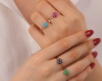 14k Gold Ruby Hexagon Flower Ring | Handmade Jewelry, July Birthstone, Bridesmaid Gift, Positivity Gemstone, Honeycomb Ring, Birthday Gift